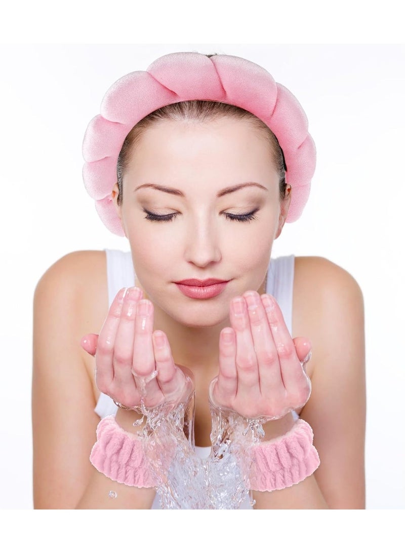 3 Pack Sponge Headband Wristband Skincare Makeup Hair Band Set Flower Face Washing Headband Terry Cloth Wrist Washband Kit for Skin Care Makeup Removal Spa Shower Wash Women(Pink) - Image 3