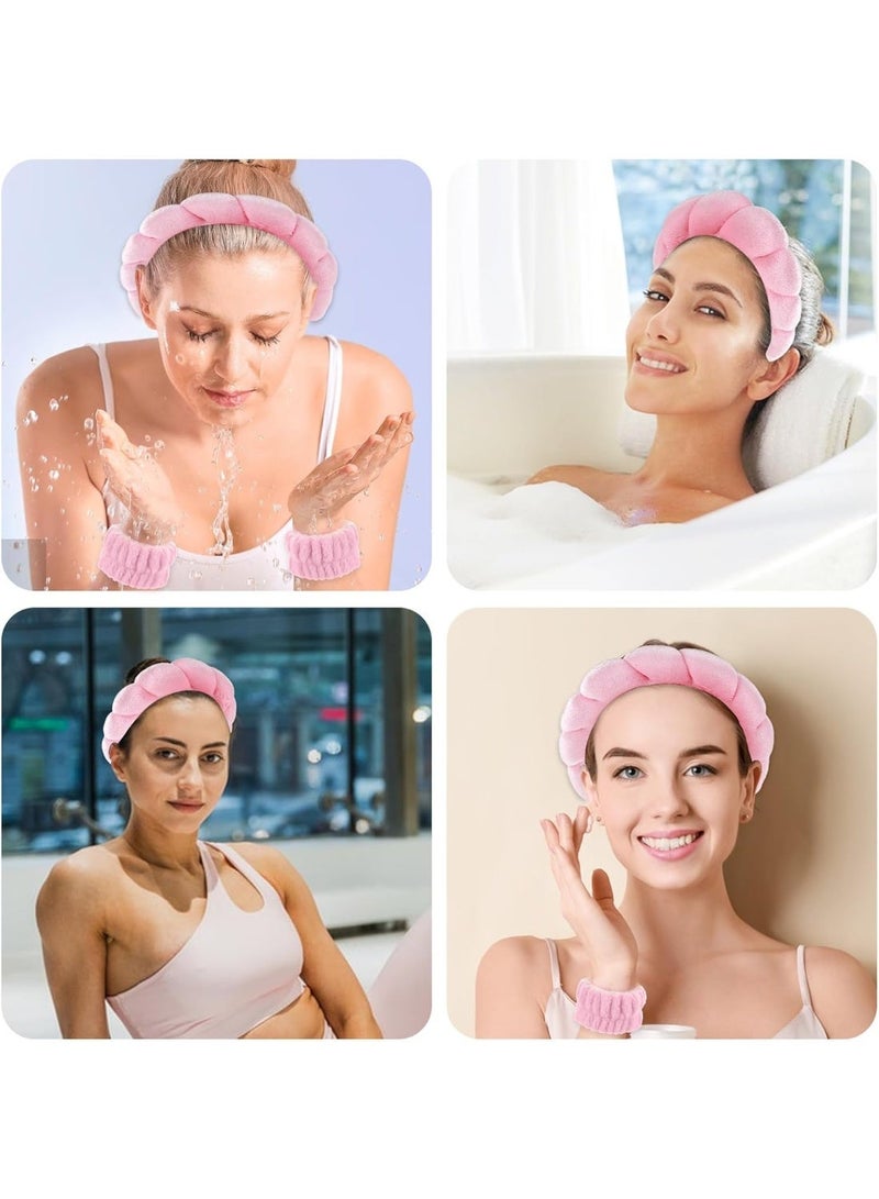 3 Pack Sponge Headband Wristband Skincare Makeup Hair Band Set Flower Face Washing Headband Terry Cloth Wrist Washband Kit for Skin Care Makeup Removal Spa Shower Wash Women(Pink) - Image 4