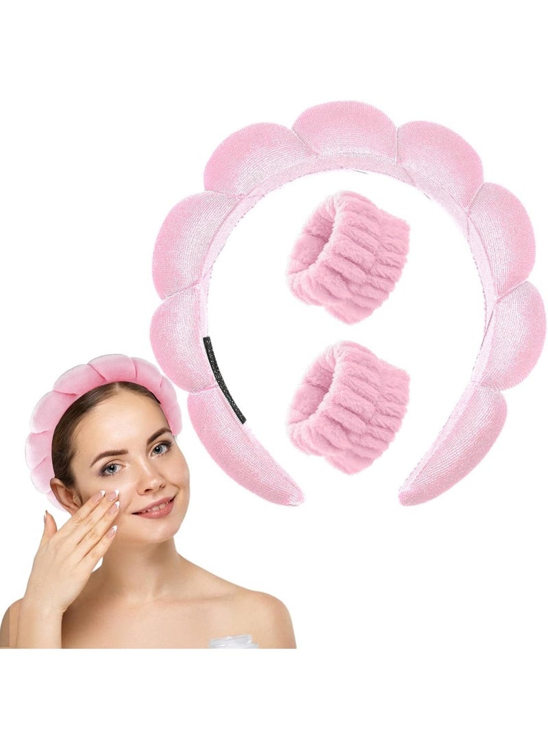 3 Pack Sponge Headband Wristband Skincare Makeup Hair Band Set Flower Face Washing Headband Terry Cloth Wrist Washband Kit for Skin Care Makeup Removal Spa Shower Wash Women(Pink) - Image 1