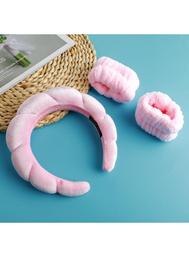 3 Pack Sponge Headband Wristband Skincare Makeup Hair Band Set Flower Face Washing Headband Terry Cloth Wrist Washband Kit for Skin Care Makeup Removal Spa Shower Wash Women(Pink) - Image 5