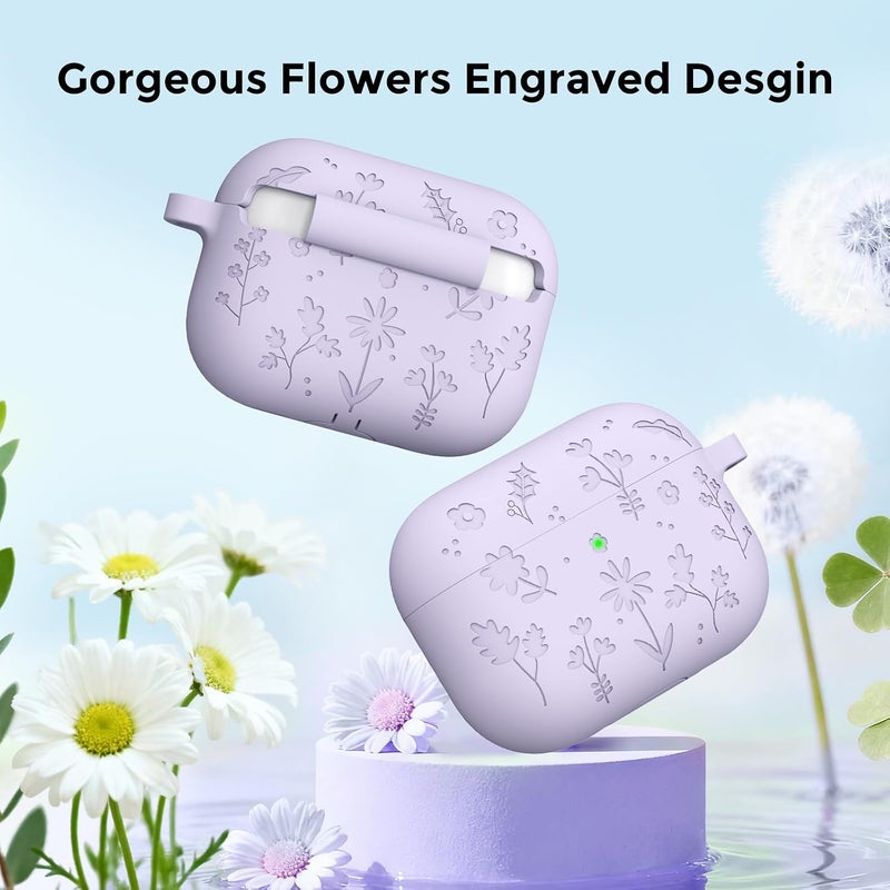 AhaStyle AirPods Pro 3 Case Cover (2025) Flower Engraved Cute Silicone AirPods Pro 3rd Generation Case Full Body Shockproof Cover Skin for Apple AirPods Pro 3rd Gen with Cleaning Kit for Women Girls - Image 4