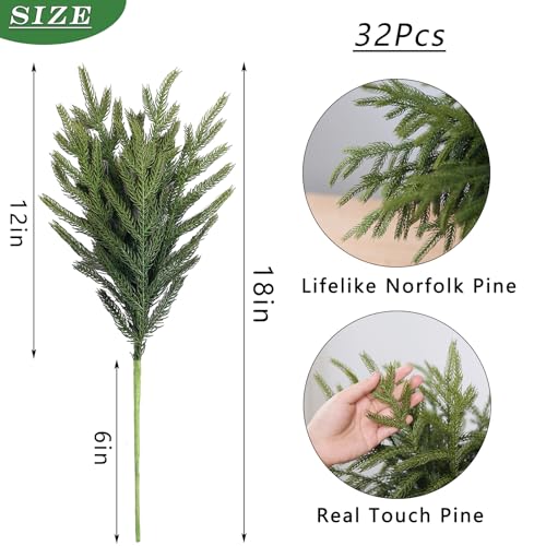 YXZZWL 32 Pcs Christmas Norfolk Pine Branches 18 Inch Soft Textured Artificial Norfolk Pine Branch Faux Cedar Pine Stem Fake Greenery Picks for Vase DIY Garland Wreath Home Decoration - Image 3