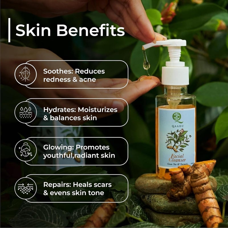 QAADU Facial Wash with Green Tea Turmeric Vitamins A E Vegan Mild Refreshing Face Cleanser Suitable for all skin types Anti Inflammatory and hydrating properties 100ml - Image 5