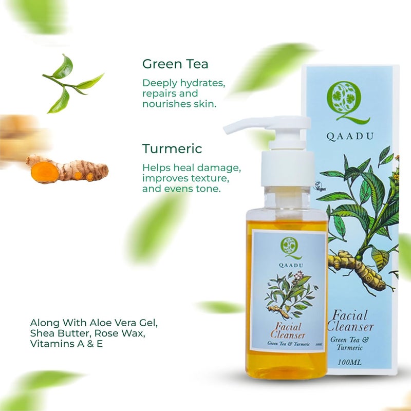 QAADU Facial Wash with Green Tea Turmeric Vitamins A E Vegan Mild Refreshing Face Cleanser Suitable for all skin types Anti Inflammatory and hydrating properties 100ml - Image 4