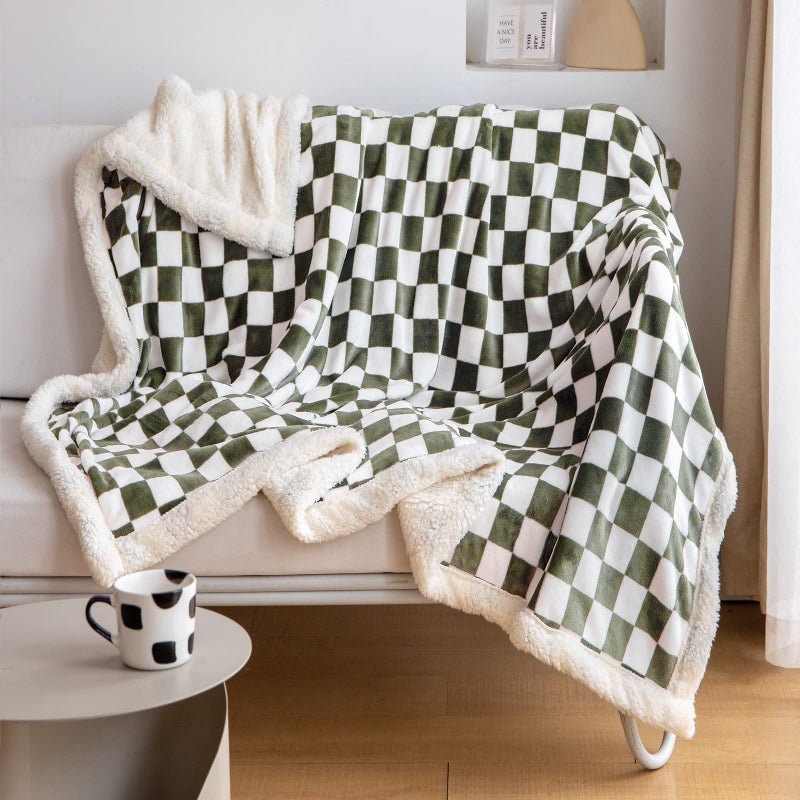 LOMAO Sherpa Throw Blanket Fleece Blanket with Checkered Pattern Soft Thick Blanket for Couch Bed Sofa Luxurious Warm and Cozy for All Seasons Dark Olive 51x63