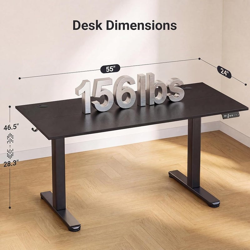 Claiks ال-desك standing электريكي، ال-desk standing متحكم بالارتفاع، DESK الحجم 55x24 بوصة، DESK لل sitting standing للمنزل المكتب DESK مع لوحة توصيل، الإطار الأسود/ верх الأسود الأسود - Image 3
