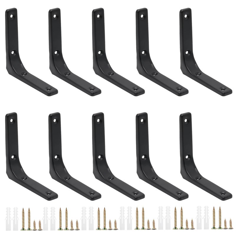 Adyoney 10pcs Heavy Duty L Brackets 4 Inch Black Angle Bracket Wall Shelf Bracket 90 Degree Corner Brace with Screws for Shelves Wood CabinetsBlack 4Inch - Image 2