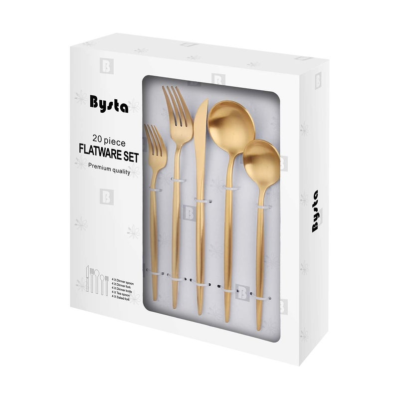 Bysta Matte Gold Silverware Set, 20-Piece Stainless Steel Flatware Set Cutlery Set Service For 4, Satin Finish, Dishwasher Safe, Nice Gift Box - Image 1