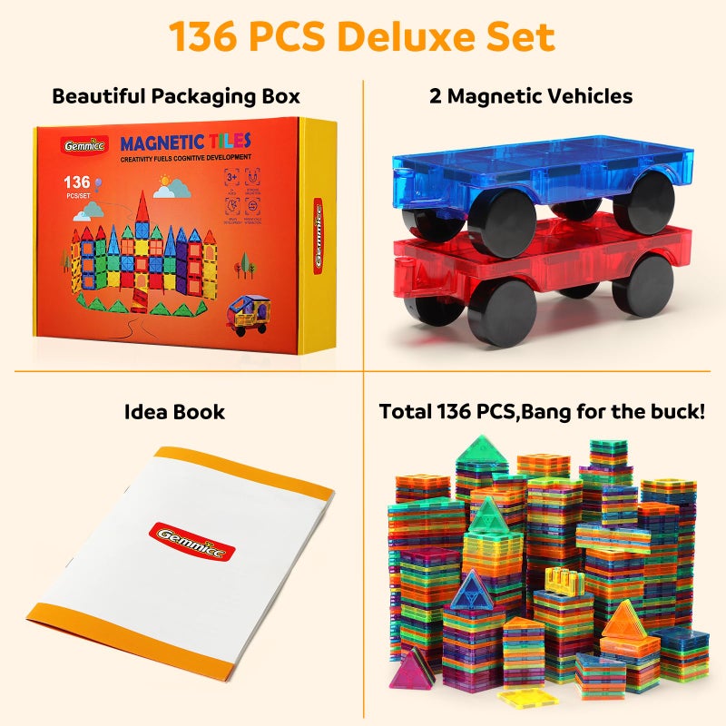 Gemmicc Magnetic Tiles, Deluxe 136 PCS Building Blocks Magnet Toys for Kids,3D Magnet Puzzles Stacking Blocks for Boys Girls,Huge Set with 2 Cars - Image 2