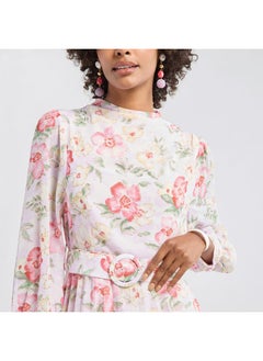 FAV All-Over Print A-line Dress with Long Sleeves and Belt  - Image 4