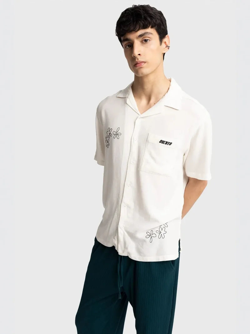 Giesto Dusty White GIESTO Men's Embroidered Cotton Poplin Short Sleeve Shirt for Men | Best Price UAE