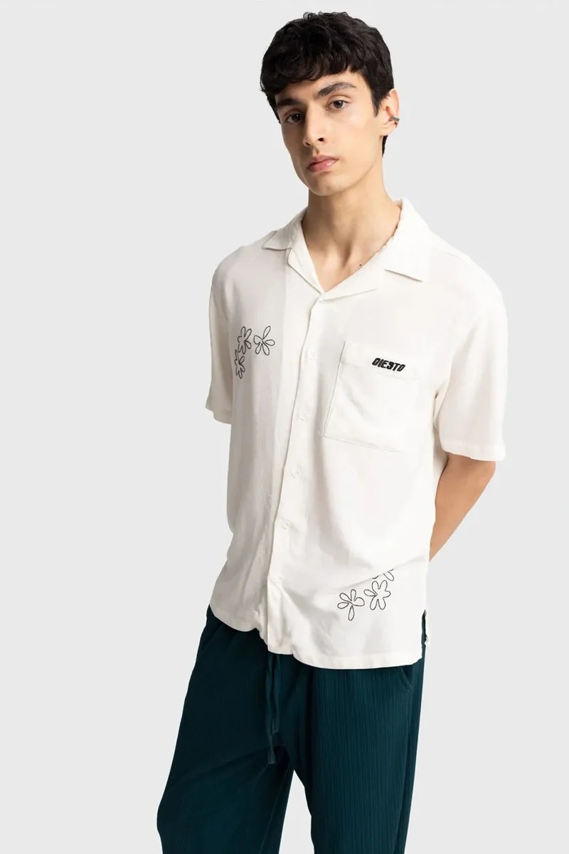 Giesto Dusty White GIESTO Men's Embroidered Cotton Poplin Short Sleeve Shirt for Men | Best Price UAE