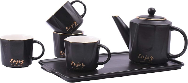 Ar-283-1 6 Pcs Elegant Ceramic Tea Pot Set Golden Rim Solid Colorgold Coating -Black