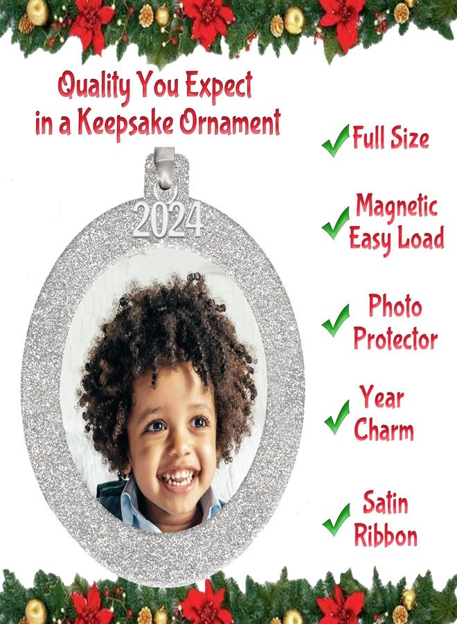 Expressly Yours! Photo Expressions 2024 Photo Ornaments for Christmas Tree, Sparkly Glitter Christmas Frame Ornament, Easy-Load Magnetic Design, Includes Satin Ribbon with Silver Charm Plus Photo Protector, Round, Silver - Image 2