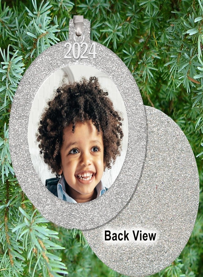 Expressly Yours! Photo Expressions 2024 Photo Ornaments for Christmas Tree, Sparkly Glitter Christmas Frame Ornament, Easy-Load Magnetic Design, Includes Satin Ribbon with Silver Charm Plus Photo Protector, Round, Silver - Image 3
