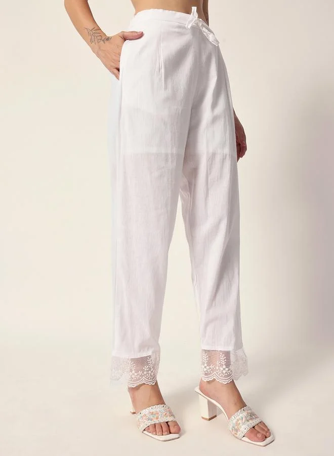 ISHIN Women's White Cotton Textured Tunic Full Palazzo Regular Fit Kurta Set