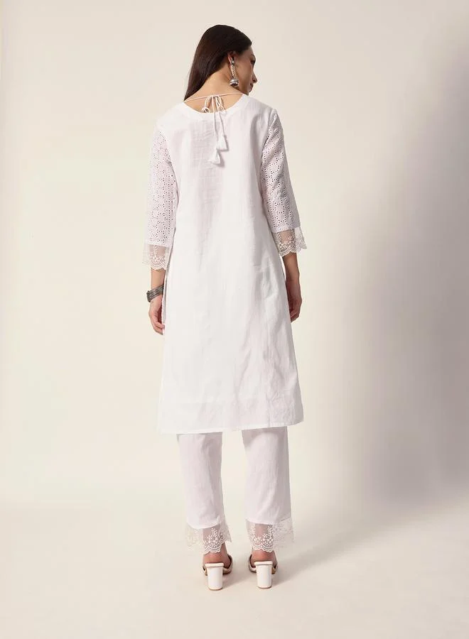 ISHIN Women's White Cotton Textured Tunic Full Palazzo Regular Fit Kurta Set