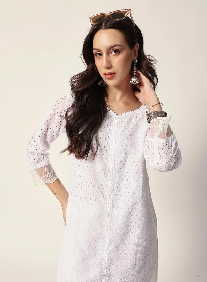 ISHIN Women's White Cotton Textured Tunic Full Palazzo Regular Fit Kurta Set