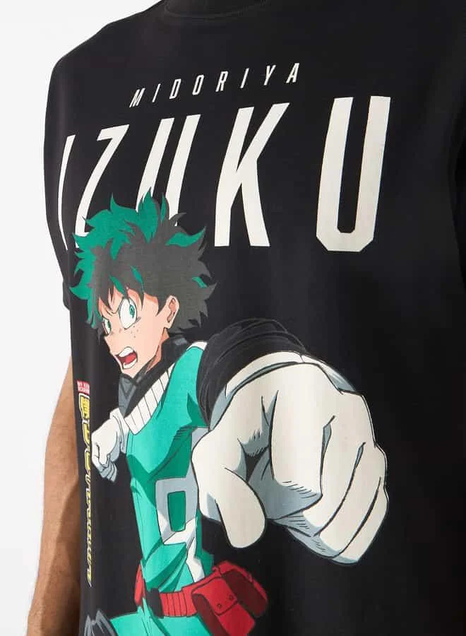 SP Characters Izuku Midoriya Print Crew Neck T-shirt with Short Sleeves