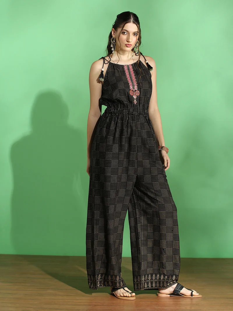Globus Women Black Ethnic Print Embroidered Halter Neck Tie-Up Sleeve Wide Leg Fusion Jumpsuit