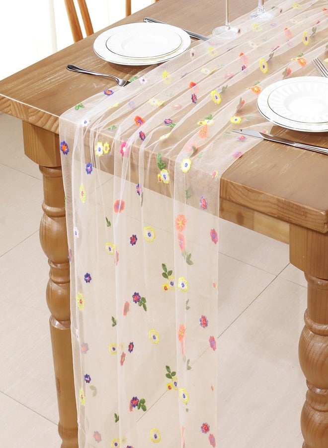 MILVOWOC Champagne Embroidery Daisy Gauze Table Runner, 120 Inch（10FT Floral Tulle Table Runner for Home Decor, Wedding, Baby Shower, Spring & Seasonal Decorations and Valentine’s Day (1 Pack) - Image 1