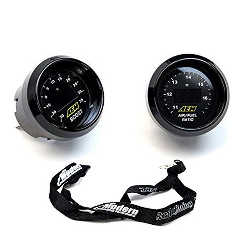 AEM 2 Gauge Display Set UEGO WideBand Air/Fuel Ratio Gauge + Boost Pressure Gauge -30-35psi + MAPerformance Lanyard - Image 1