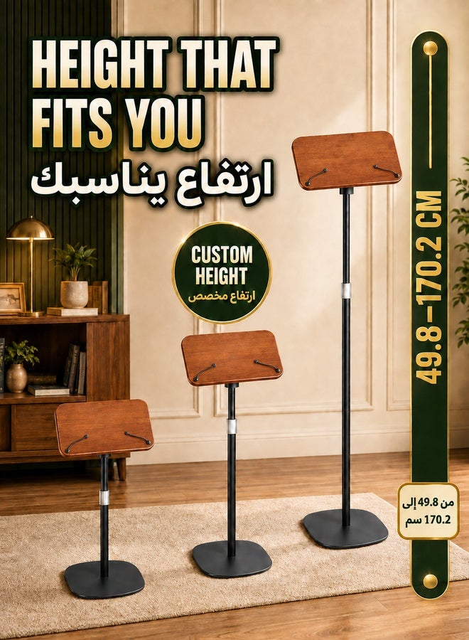 شو وو حامل كتب للقراءة، حامل منصة قابل للتعديل للمجلات، والنوتات الموسيقية، وكتب الطبخ، وحامل خشبي للأرضية مع مشبك ورق للصفحات، باللون الأسود - Image 2