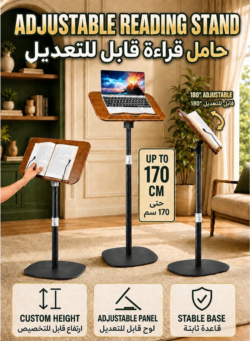 شو وو حامل كتب للقراءة، حامل منصة قابل للتعديل للمجلات، والنوتات الموسيقية، وكتب الطبخ، وحامل خشبي للأرضية مع مشبك ورق للصفحات، باللون الأسود - Image 1