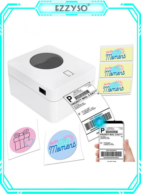Thermal Label Printer with Paper Slot, USB Bluetooth Connection, Desktop Shipping Label Printer Courier Sticker Bar Code QR Code Printer, White