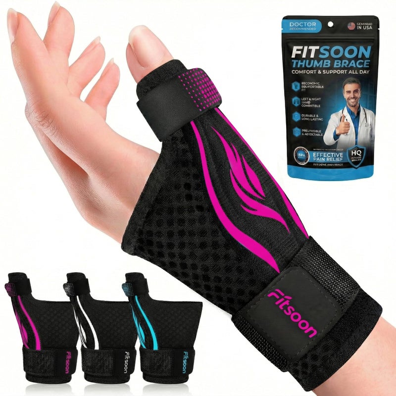 Fitsoon Thumb Wrist Brace | Upgraded Thumb Spica Splint Stabilizer Pain Relief Night Support for De Quervainâ€™ s Tenosynovitis Trigger Finger Arthritis Sprains | Breathable Fabric (Rose Pink/Black, L/XL - Fit both hands) - Image 1