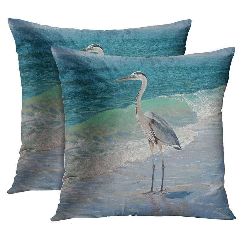 Emvency Decorative Throw Pillow Cover Square Size 16x16 Inches Blue Heron Beach Sea Wave Watercolor Painting Decor Pillowcase with Hidden Zipper Decor Cushion Covers Set of 2