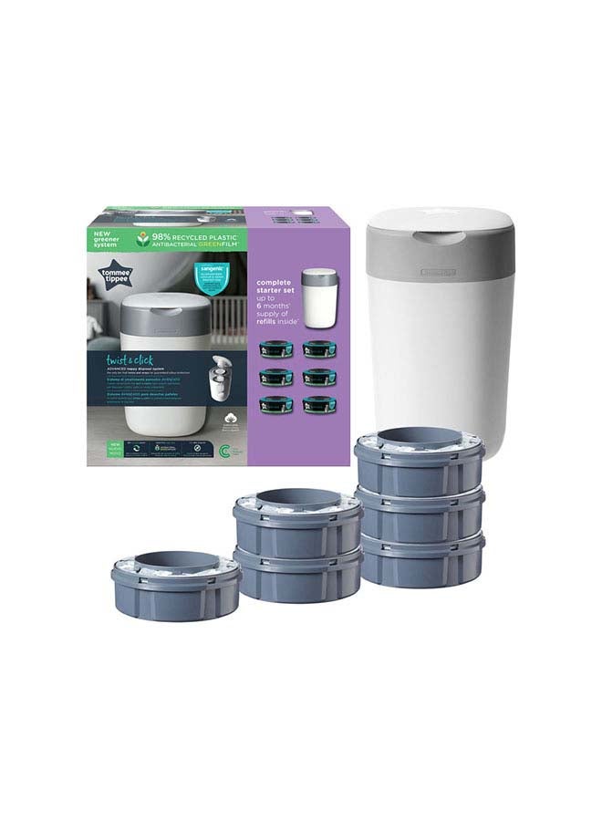 tommee tippee Twist And Click Advanced Nappy Bin Starter Set, Eco-Friendlier System With 6x Refill Cassettes With Sustainably Sourced Antibacterial Greenfilm, White - Image 1