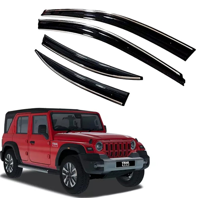 ROYALTECH Premium Chromeline & Silverline Unbreakable Car Rear Window Wind Deflectors & Side Door Visor Rain Guard Compatible with (Mahindra Thar Roxx (2024 Onwards)) - Image 1