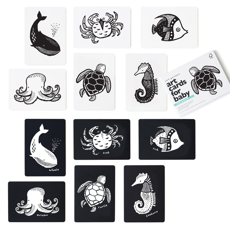 Wee Gallery Art Cards for Baby, Durable High Contrast Black and White Animal Flashcards for Newborns, Brain Development, Sensory Toys, Tummy Time Essentials for Infant and Toddler - Ocean Animals - Image 1