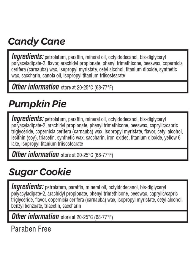 chapstick Holiday Collection, Lip Balm Tube, 0.15 Ounce Each (Candy Cane, Pumpkin Pie & Sugar Cookie Flavors, 1 Blister Pack of 3 Sticks, Great Gifts for Women 