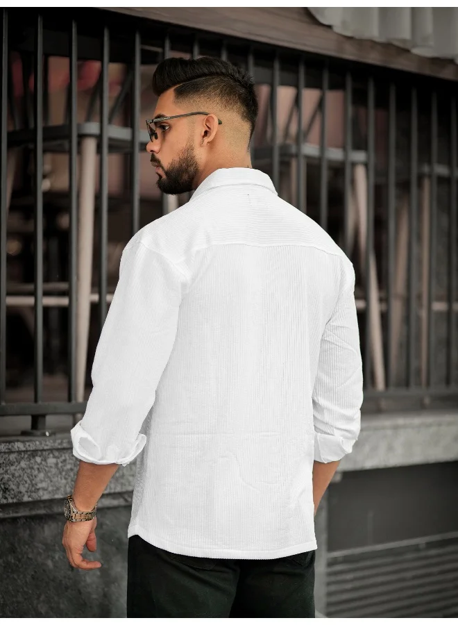 مانياك Mens Solid 2 Pockets collared Neck Full Sleeve White Oversized Cotton Shirt