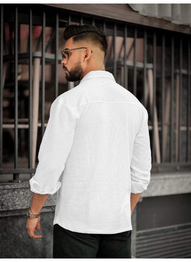 Maniac Mens Solid 2 Pockets collared Neck Full Sleeve White Oversized Cotton Shirt  - Image 3