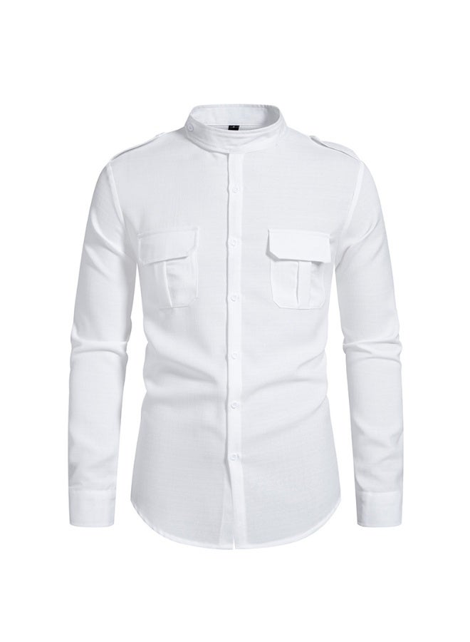 KUYING New Men's Double Pocket Henry Collar Chinese Style Long Sleeved Shirt 