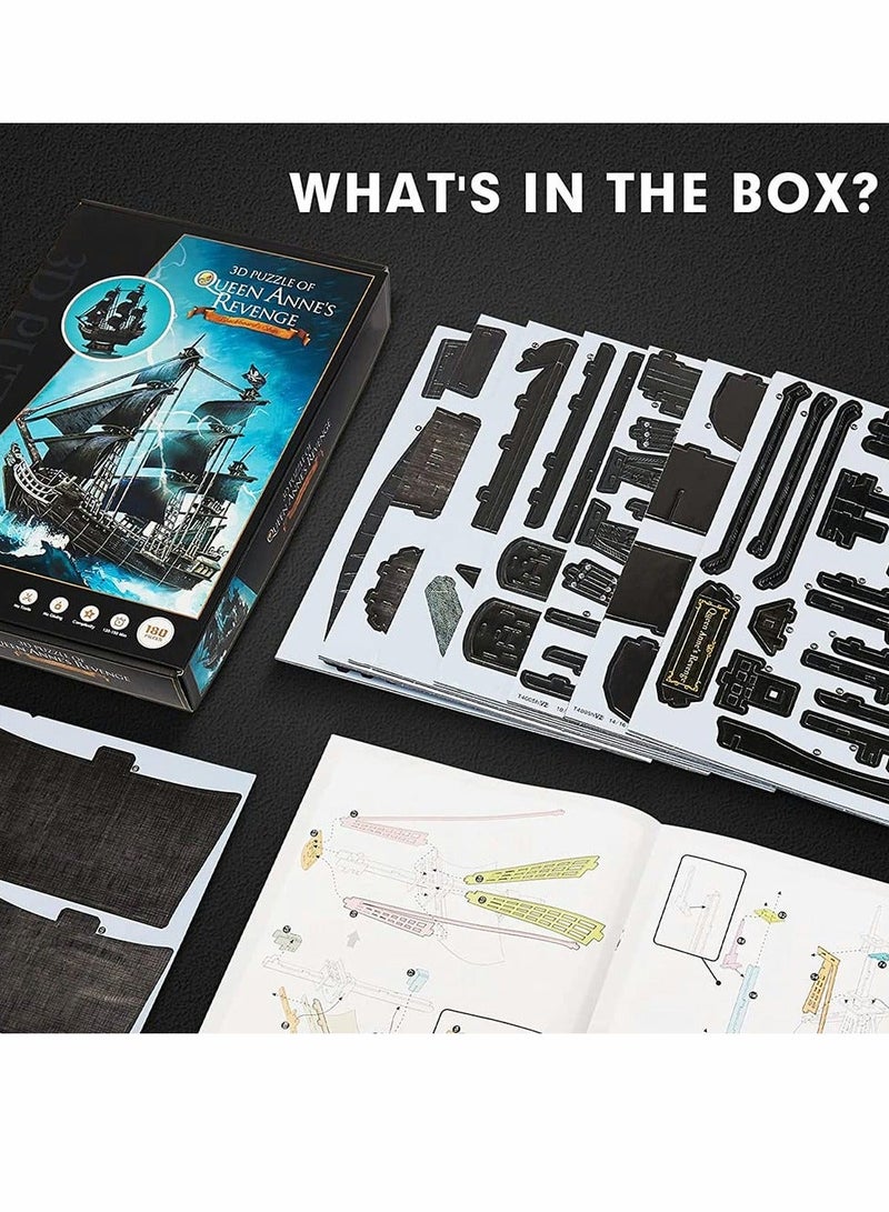مجموعة ألغاز ثلاثية الأبعاد للبالغين، نموذج سفينة القراصنة السوداء، مجموعة بناء قارب شراعي من الجيل الثالث، مجموعة ألغاز عائلية، ديكور مكتبي مائي، هدايا للنساء والرجال، 180 قطعة - Image 3
