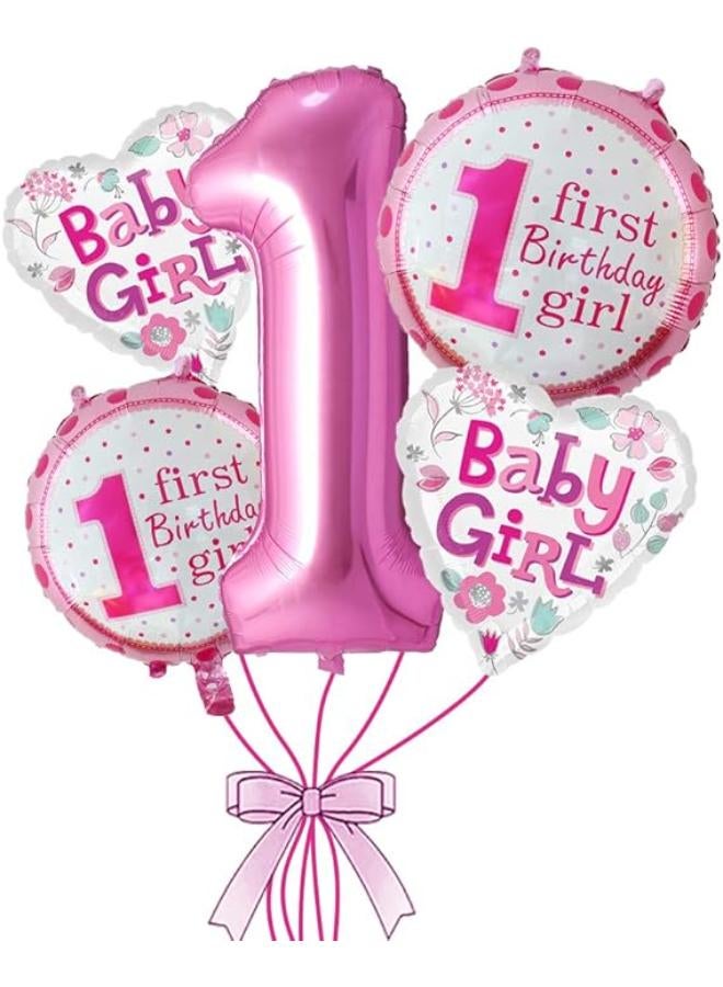 Rozi Decoration 1st Birthday Girl Theme Foil Balloon Set, Pink -Pack of 5 Piece