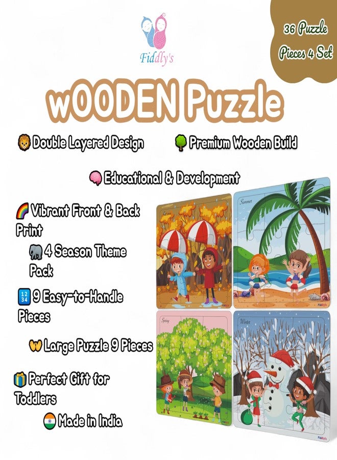 Fiddlys Wooden Jigsaw Puzzles for Kids & Children – 9 Pieces Each, Pack of 4|Double Layered Front & Back Print| Educational Toy for Boys & Girls Age 2 3 4 5 6 Year Old (Seasons Pack of 4) - Image 3