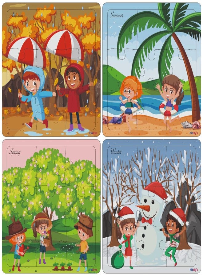 Fiddlys Wooden Jigsaw Puzzles for Kids & Children – 9 Pieces Each, Pack of 4|Double Layered Front & Back Print| Educational Toy for Boys & Girls Age 2 3 4 5 6 Year Old (Seasons Pack of 4) - Image 1