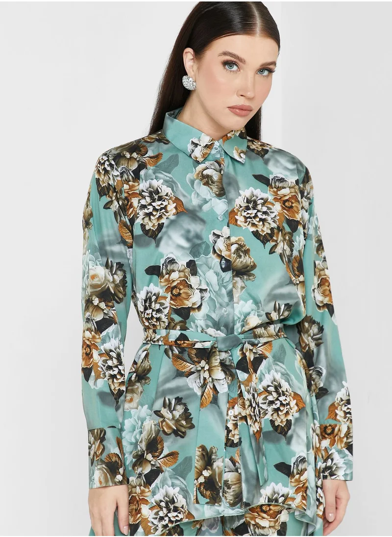 hayas closet Floral Print Asymmetrical Hem Belted Set