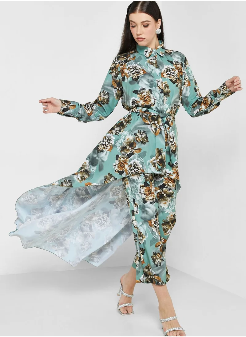 hayas closet Floral Print Asymmetrical Hem Belted Set