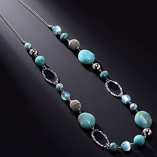 BULINLIN Beaded Long Necklace for Women Silver Sweater Chain Necklace with Crystal Resin Beads, Fashion Jewelry Necklace(Turquoise) - Image 4