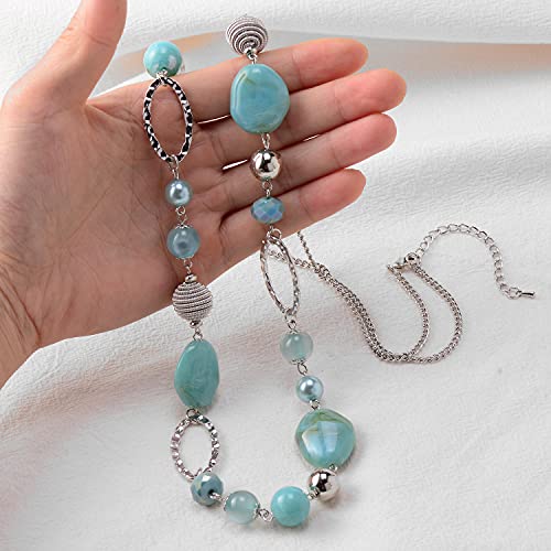 BULINLIN Beaded Long Necklace for Women Silver Sweater Chain Necklace with Crystal Resin Beads, Fashion Jewelry Necklace(Turquoise) - Image 3