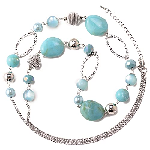 BULINLIN Beaded Long Necklace for Women Silver Sweater Chain Necklace with Crystal Resin Beads, Fashion Jewelry Necklace(Turquoise) - Image 2