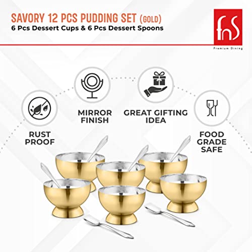 FNS Savory 6 Bowls And 6 Spoons Set For Ice Cream, Dessert, Gulab Jamun, Halwa Katori- Stainless Steel Bowls Set With Spoon |Food Grade Safe | Fancy Serving Bowls For Snacks - Gold, 250 Ml - Image 3