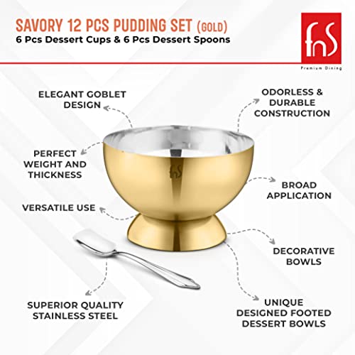 FNS Savory 6 Bowls And 6 Spoons Set For Ice Cream, Dessert, Gulab Jamun, Halwa Katori- Stainless Steel Bowls Set With Spoon |Food Grade Safe | Fancy Serving Bowls For Snacks - Gold, 250 Ml - Image 4