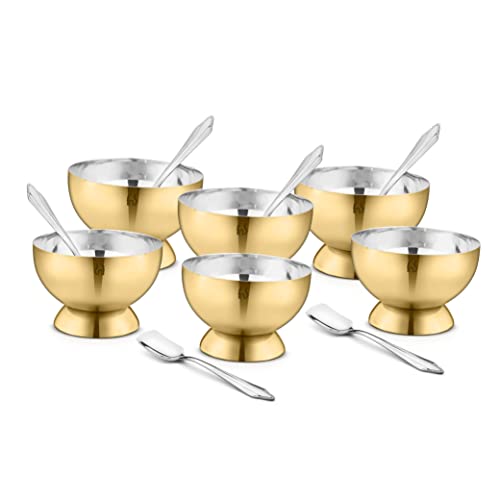 FNS Savory 6 Bowls And 6 Spoons Set For Ice Cream, Dessert, Gulab Jamun, Halwa Katori- Stainless Steel Bowls Set With Spoon |Food Grade Safe | Fancy Serving Bowls For Snacks - Gold, 250 Ml - Image 1